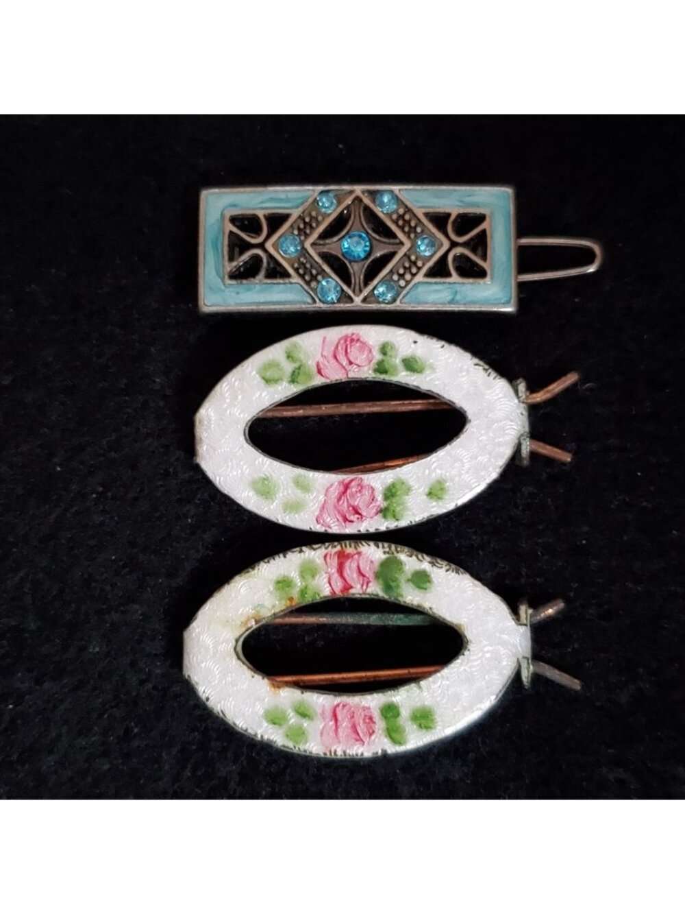 Vintage Hair Clips Guilloche Enamel Rose Art Deco Revival Lot of 3